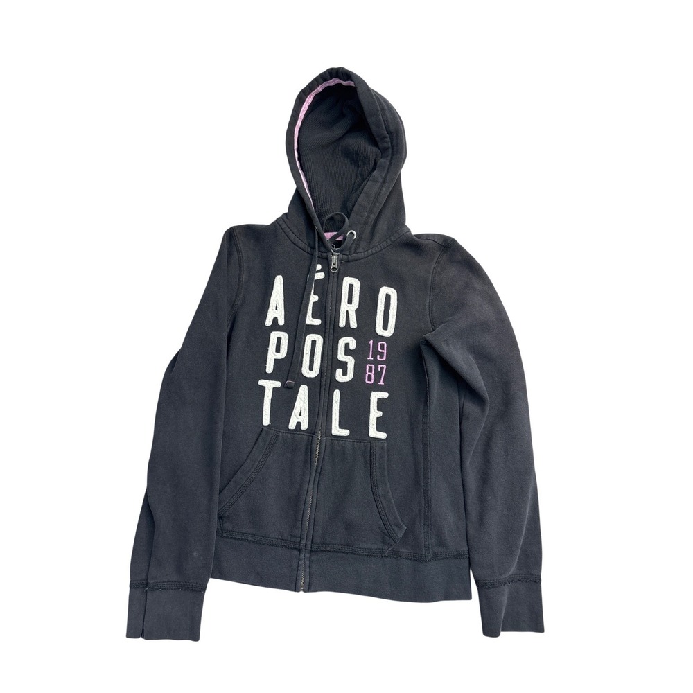 Aeropostale Womens Full Zip Hoodie Black Pink Logo Fleece Sweatshirt Medium 1629